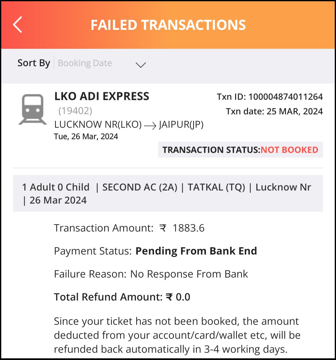 mssitapuri's tweet photo. @IndiaPostOffice These are two transactions done by me on @IRCTCofficial to book a tatkal ticket, 1 ticket was amount of 1883.6. 2 nd ticket was 1349.05. Amount was debited from my account but ticket was not issued, please refund it as soon as possible. @RailMinIndia https://t.co/phFRMMJJ2O