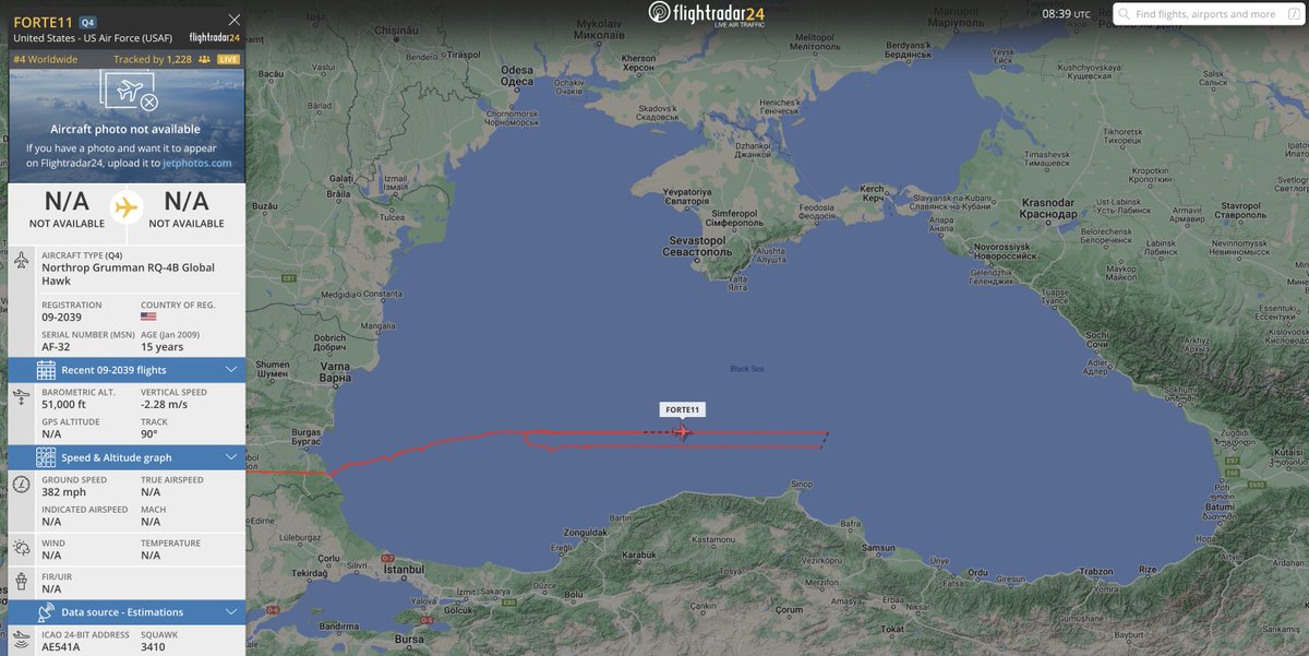 #USAF RQ4B global hawk seen on the flight radar completing back and forth passes over the centre of the black sea, 51K feet altitude, departure from sigonella naval station italy. #FORTE11 #AE541A