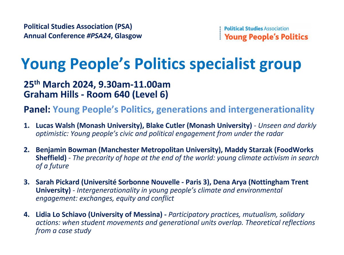 Rise and shine! It's the first day of #PSA24. We kick off with a panel on generational issues: 👩‍👧Young People’s Politics, generations and intergenerationality 📅9:30am 🙋‍♀️@ProfLucasWalsh @blakeacutler @bennosaurus @sarahpickard2 @dnaarya Lidia Lo Schiavo & chair @c_huebner