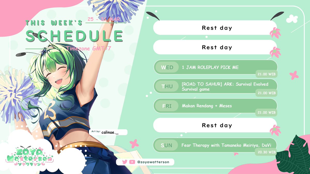 Zoyawatterson's tweet photo. 🐛 Schedule🐛
Minggu ini mari selesaikan batsu
General : #Zoyawatterson
Announcement : #Pucukinpo
Live : #HamaLive
Clip : #ClipCUK
Art : #Zoyart
Memes : #RecehCUK https://t.co/k1DguIExyv