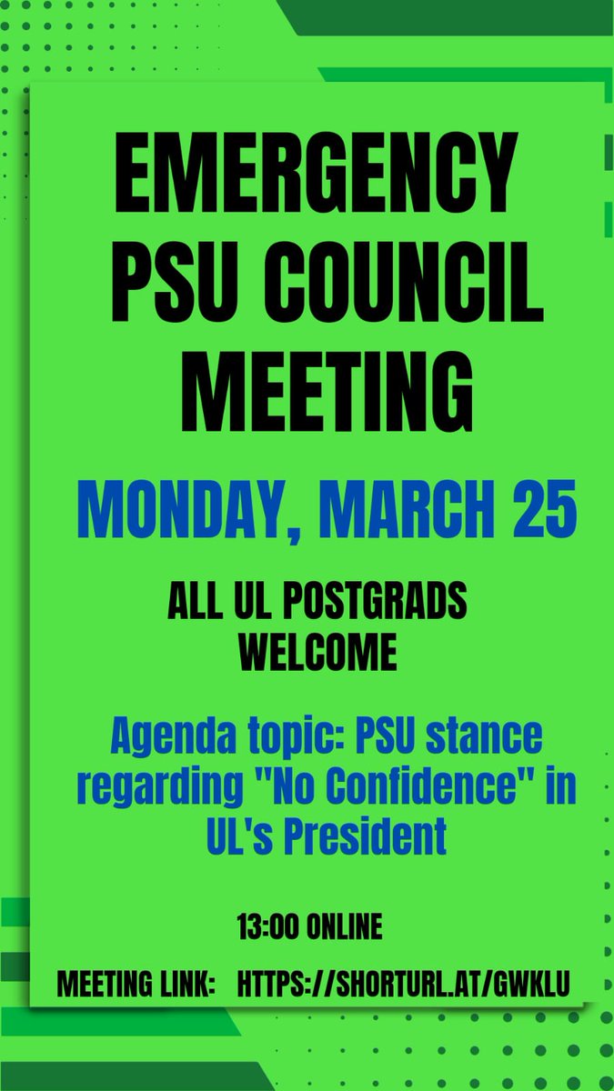 PSU EMERGENCY COUNCIL MEETING. All UL Postgraduate students are welcome. Mon Mar 25, 2024 13:00—13:45 (GMT) teams.microsoft.com/l/meetup-join/…