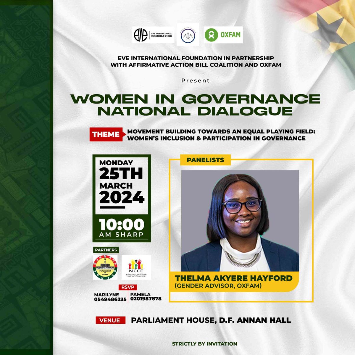 Join us & our key partners today, 25th March, 2024 for the first Women in Governance National Dialogue which will focus on the Affirmative Action Bill and inclusion of women and most especially, persons living with disabilities. @GhanaParliament @nccegh @oxfamgb @OxfaminAfrica