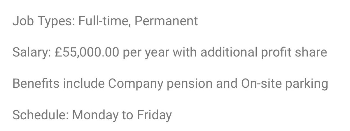 Benefits include company pension and on-site parking 😂😂😂