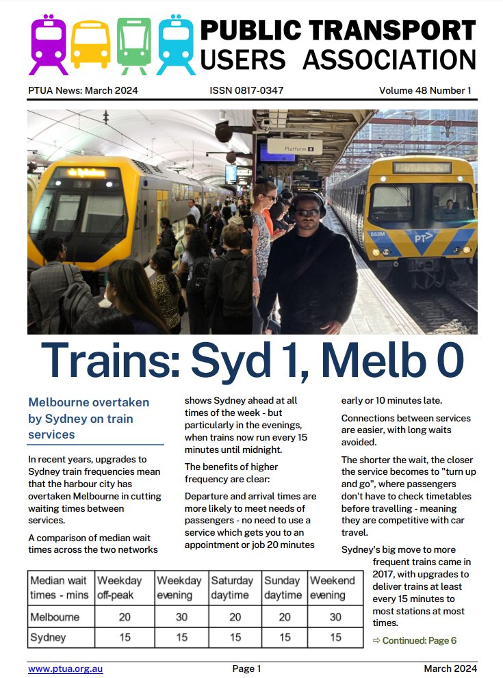 PTUA members! The latest PTUA member newsletter is out - lead story on how Sydney is beating Melbourne on more frequent all-day train services. Check your email, or log onto the portal to read. ptua.wildapricot.org/newsletters Not a member? Join today to support our campaigns.