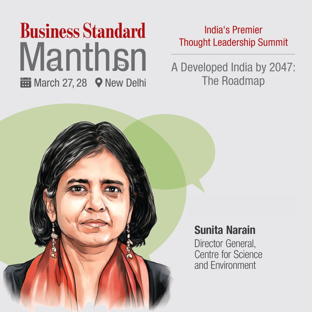 Explore the path to sustainable growth in India through responsible energy generation practices with Sunita Narain, Director General of @CSEINDIA, in an upcoming fireside chat at Business Standard Manthan. Register now: bit.ly/BSManthan @sunitanar #bsmanthan…
