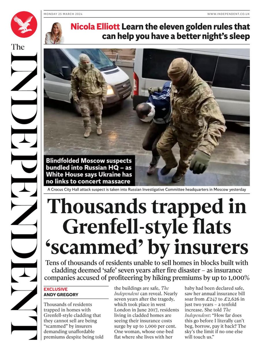 Thousands trapped in Grenfell-style flats 'scammed' by insurers - today's front page from The Independent 📰 You can download a digital newspaper every morning with a subscription to Independent Premium Subscribe here 👉 bit.ly/3Q6bzWD