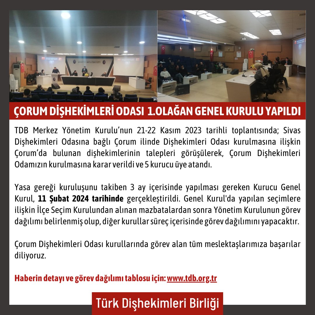 ÇORUM DİŞHEKİMLERİ ODASI 1.OLAĞAN GENEL KURULU YAPILDI tdb.org.tr/icerik_goster.… #türkdişhekimleribirliği #turkdishekimleribirligi #diş #sağlık #dişhekimi #tdbhaber #tdbd #dişhekimliği #tdböğrencikolu #gencdishekimleri #fdi #BilimselDişhekimliği