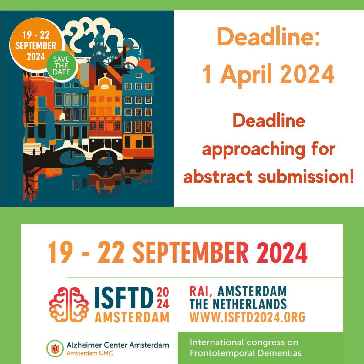 Alzheimercentrum Amsterdam (inactief) (@alzheimerams) on Twitter photo Don’t miss your chance to contribute to the #ISFTD2024 programme. Submit your abstract before 1 April!
Questions regarding abstract submission? Please get in touch with the congress secretariat at isftd2024@congresscare.com or visit the website isftd2024.org. Don’t miss your chance to contribute to the #ISFTD2024 programme. Submit your abstract before 1 April!
Questions regarding abstract submission? Please get in touch with the congress secretariat at isftd2024@congresscare.com or visit the website isftd2024.org.