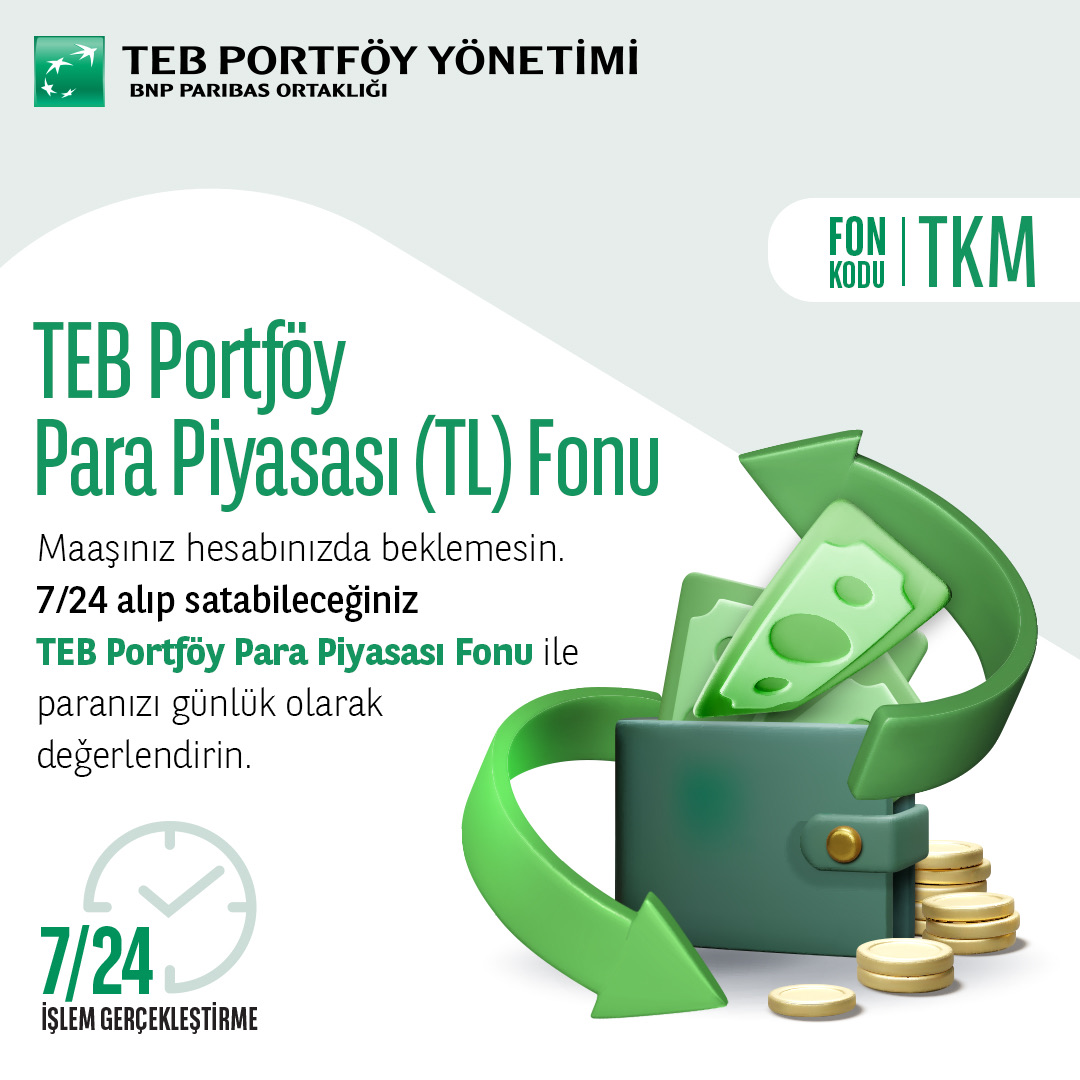 Farklı yatırımlara dönüşüm kolaylığına sahip TEB Portföy Para Piyasası (TL) Fonu ile paranız günlük olarak değerlensin. Daha fazla bilgi için internet sitemizi ziyaret edebilirsiniz.