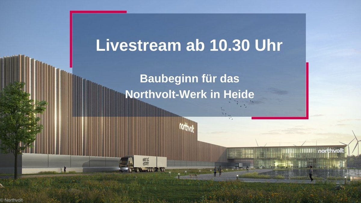 In Heide beginnen die Bauarbeiten zur Northvolt-Batterie-Gigafactory. Mit dabei sind neben Ministerpräsident Günther und Northvolt-Gründer Carlsson auch Bundeskanzler Scholz und Vizekanzler Habeck. Wir übertragen die Veranstaltung ab 10.30 Uhr live auf schleswig-holstein.de.