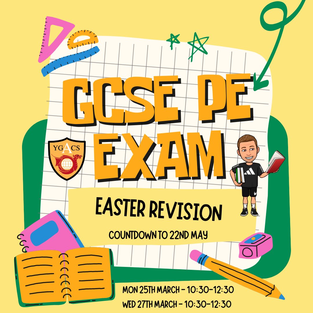 🚨EASTER GCSE PE REVISION 🚨 A reminder of the sessions taking place this Easter. CO22 @ 10:30 for a prompt start. Finish approx 12:30. Please email ASAP so that I can prepare resources if plans have changed. See Class Charts for more information 👍 @AberdareSchool