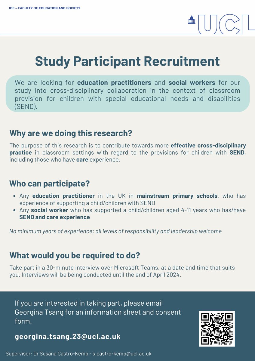 Sam Dexter (@samueldexxter) on Twitter photo Brilliant new study looking for education practitioners or social workers to participate in a 30min online interview for a study on cross-disciplinary provision for children w/SEND. Please email georgina.tsang.23@ucl.ac.uk if you’re interested/look⬇️#edutwitter #socialcare #send Brilliant new study looking for education practitioners or social workers to participate in a 30min online interview for a study on cross-disciplinary provision for children w/SEND. Please email georgina.tsang.23@ucl.ac.uk if you’re interested/look⬇️#edutwitter #socialcare #send