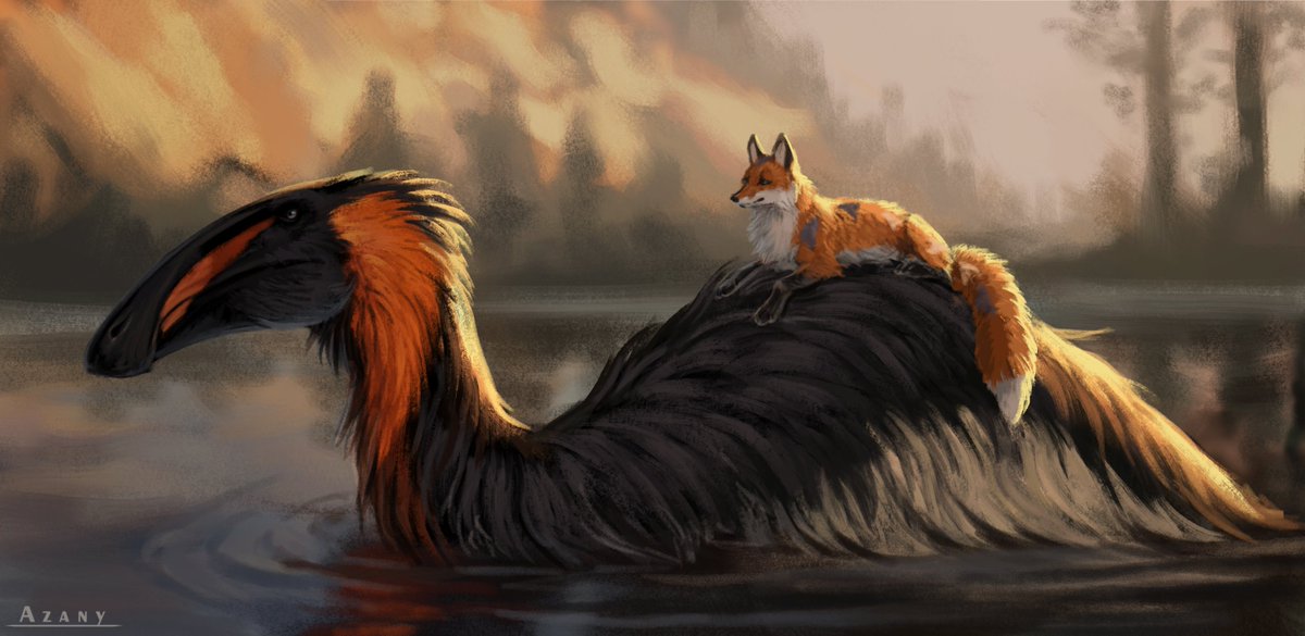 Birthday gift for my friend Theriyaki_sauce. Her fox OC and Percival the deinocheirus from #PathOfTitans