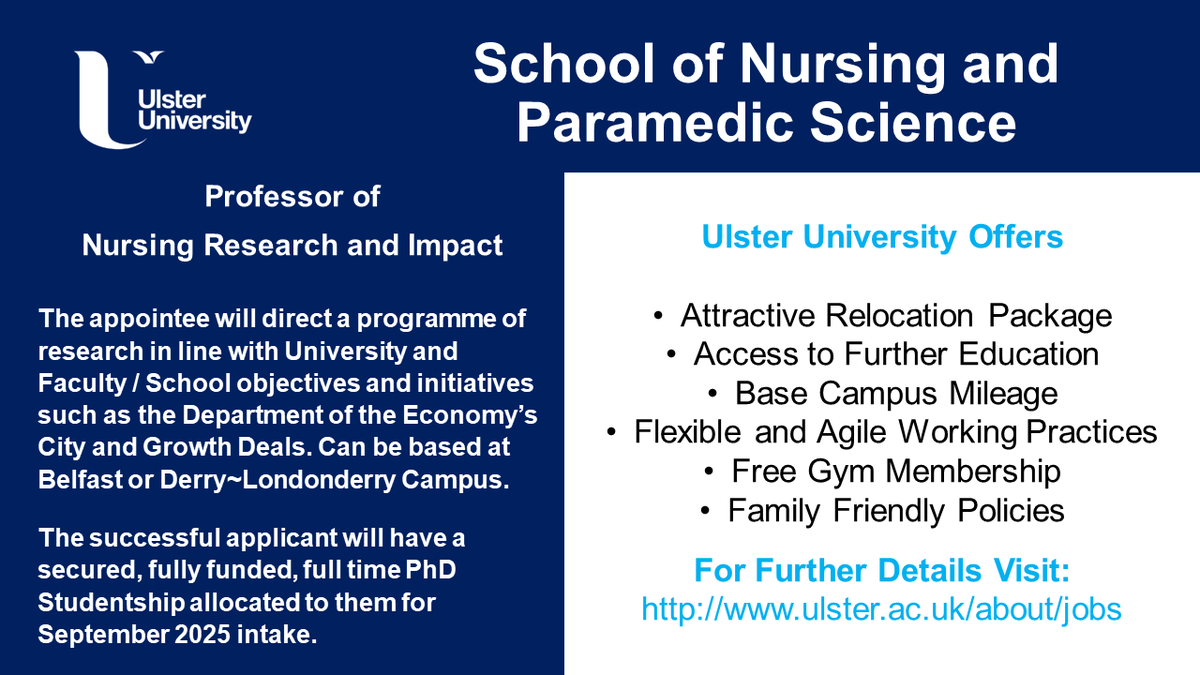 An exciting opportunity to join our team as a Professor of Nursing Research and Impact. @Hughmckh @UlsterUniSoNP @RyanAssumpta @SMcilfatrick @VictorGault @RCN_NI @NIPEC_online @councilofdeans @niallach @cathycgh @UlsterUniPhD @CNO_NI