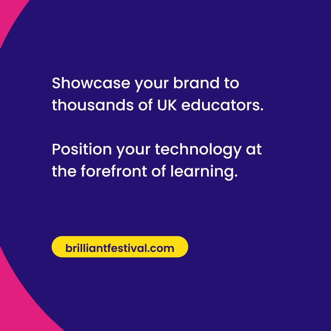 Showcase your technology to 1,000+ educators. BRILLIANT brings together education professionals from across the UK, all looking for new, innovative ways to enhance teaching and learning, in one event. Position your brand at the forefront of learning. pulse.ly/smxjmqko4m