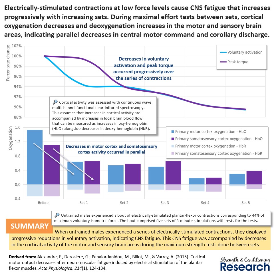 Underpinning supraspinal CNS fatigue is the sensation of innervation theory, or the fact that central motor command creates a corollary discharge in the sensory part of the brain. This study shows how CNS fatigue affects both of these signals simultaneously.