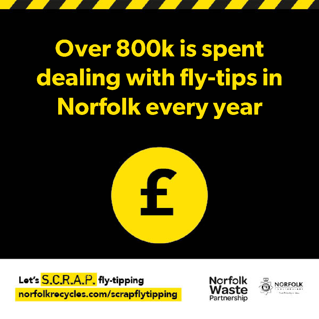 Fly-tipping costs! Leaving items by street bins, by recycling banks or your waste taken away by unlicensed waste carriers to then be dumped is all fly-tipping. Always follow the SCRAP code. #Scrapflytipping norfolkrecycles.com/scrapflytipping