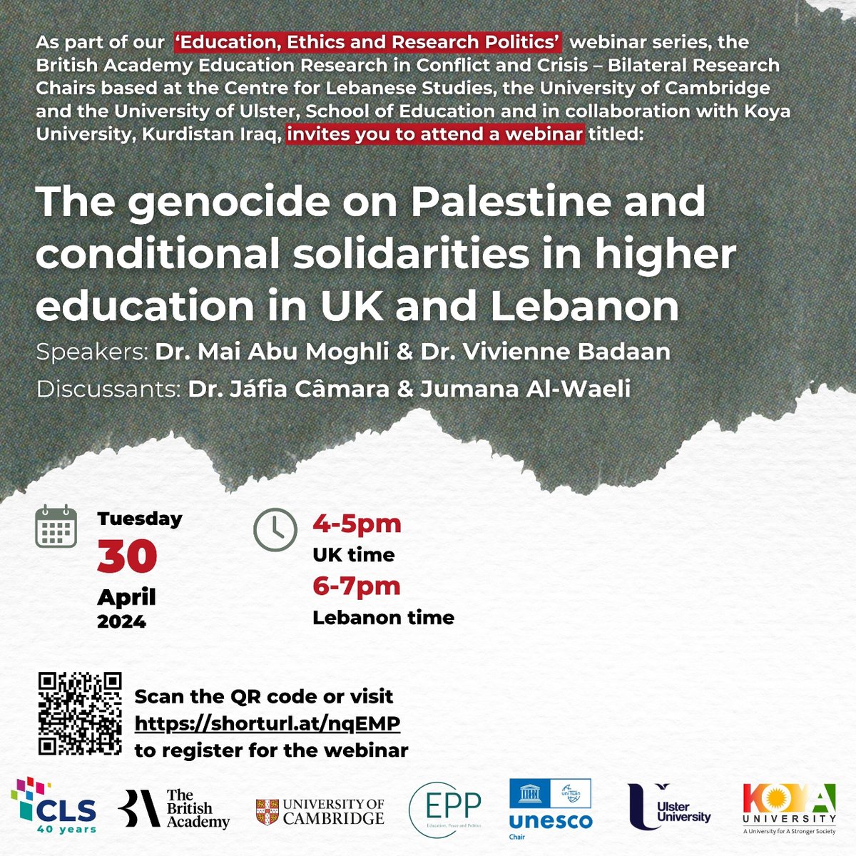 Join our Webinar: 'Genocide on Palestine & Conditional Solidarities in Higher Education in UK and Lebanon' 30 April, 4PM UK/6PM Leb. Discussing academia's role in Palestinian solidarity with Mai Abu Moghli & Vivienne Badaan More info and registration: lebanesestudies.com/events/the-gen…