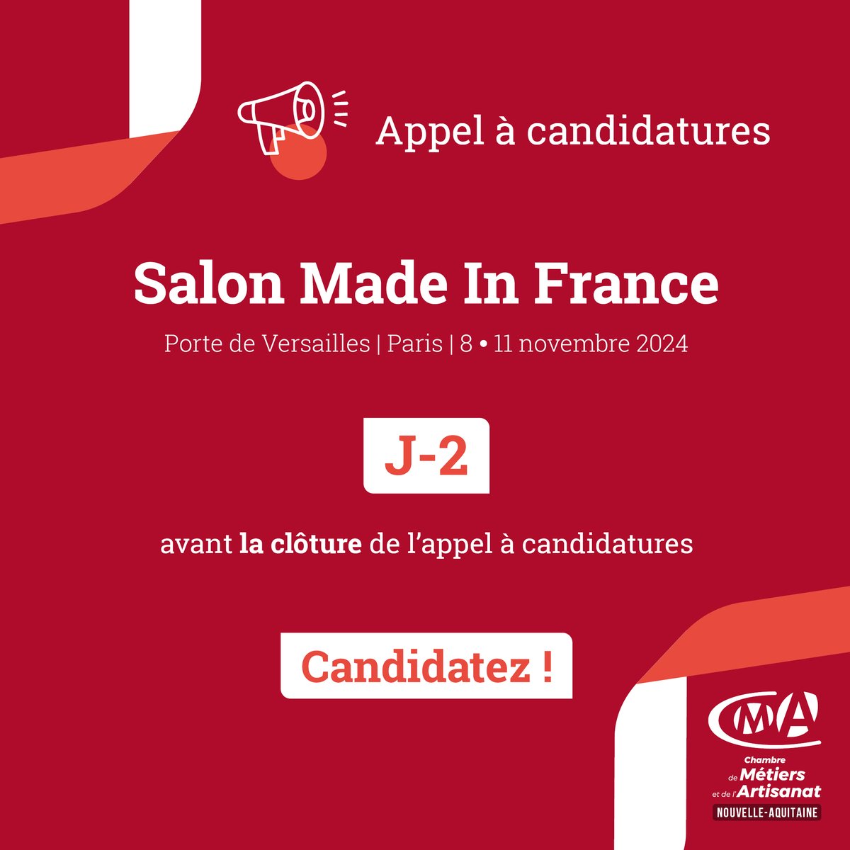 [Événement] Vous avez jusqu'au 8 avril pour candidater au Made in France. 🐓🇫🇷 
Candidatez dès maintenant pour obtenir une place privilégiée au "Village de l’Artisanat" et faire rayonner votre entreprise à Paris ! Infos : urlz.fr/pOqQ
#SalonMIF #CMAtoujoursausoutien