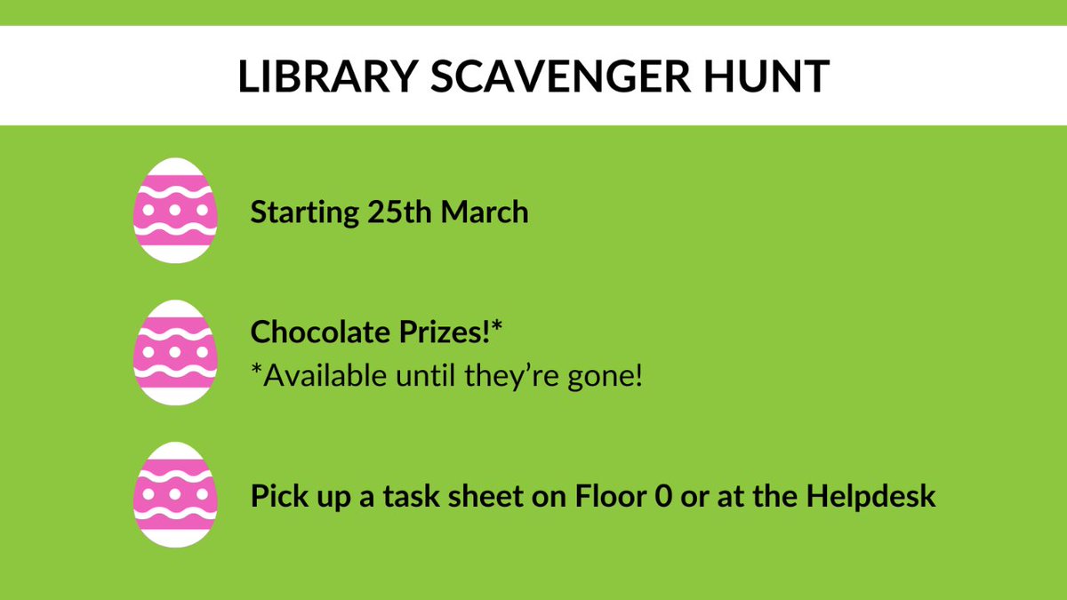 Fancy a little Easter fun? Why not pop in to the Library and have a go at our scavenger hunt!  Running this week with chocolate prizes (available until they're gone!). Pick up a task sheet on Floor 0 or at the Helpdesk to get started.  Happy hunting! #ScavengerHunt #UEA