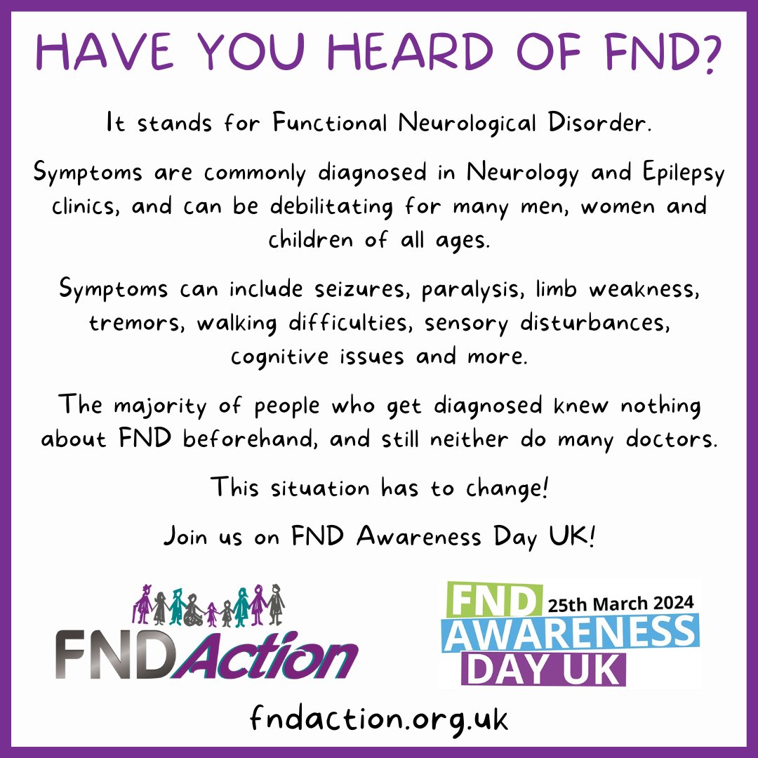 FNDAction's tweet image. Are you #FND aware? Is your family FND aware? Are your friends FND aware? Are your work colleagues FND aware? 
Today we unite as one voice to make as many people as possible aware of Functional Neurological Disorder. We demand better understanding and care. #Voices4FND