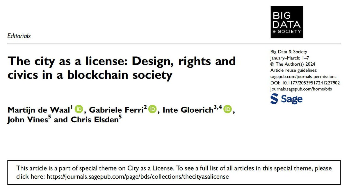 Happy Monday, and enjoy our new editorial 'The city as a license: Design, rights and civics in a blockchain society' from the special theme on City as a License by @martijndewaal @g_ferri @integloerich @almostjohnvines and @ElsdenChris: buff.ly/3Ti2F8V #rights #blockchain