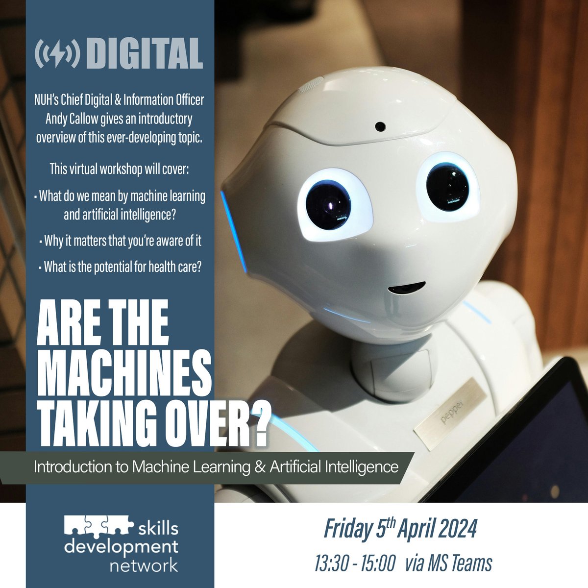 ❗ Registration closes Friday - whether you're a novice on the subject or already contemplating its future as part of the NHS, NUH's @andy_callow will provide an overview of where we're at with A.I. and machine learning, and why you need to know about it. orlo.uk/4JHgZ