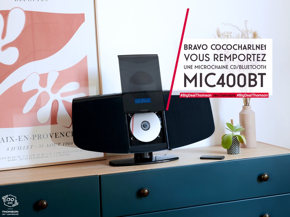 Félicitations @CocoCharlne1, vous remportez la microchaîne MIC400BT #Thomson ! 🥳 À jeudi pour un nouveau #BigDealThomson !😉 🍀🎁 #JeuConcours #ThomsonAudio 🎁🍀
