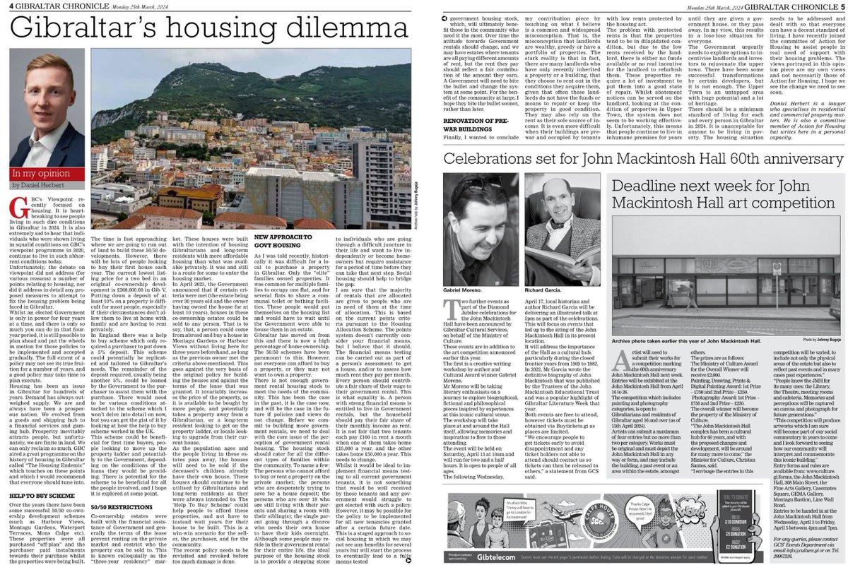 We need to do something about housing in Gibraltar sooner rather than later. There should be a minimum standard of living for each and every person in Gibraltar in 2024. See my views in the Chronicle today!