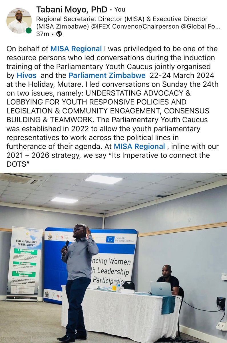 On behalf of @MISARegional I facilitated Parliamentary Youth Caucus jointly organised by @HIVOS & @ParliamentZim 22-24 March 2024 Mutare. At @MISARegional, inline with our 2021 – 2026 strategy, we say, “Its Imperative to connect the DOTS”