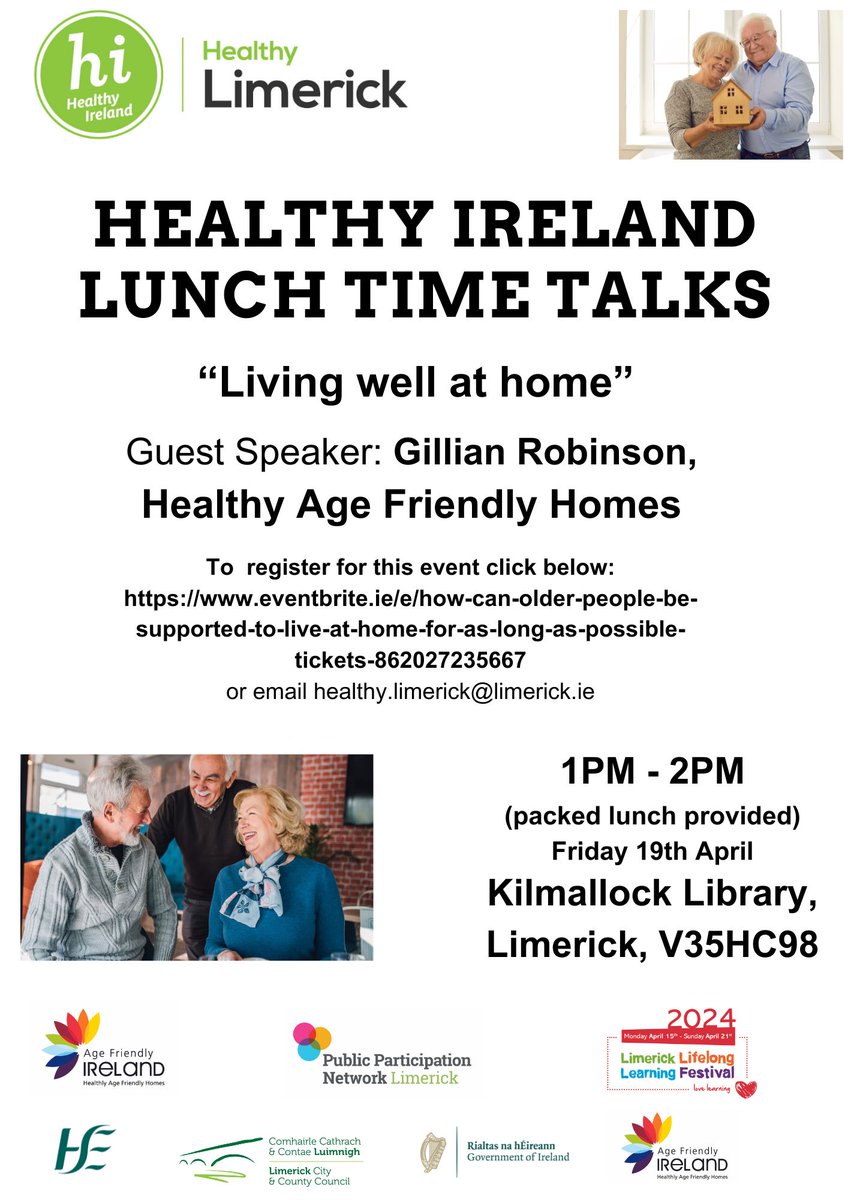 📢 HL presents a series of lunchtime talks as part of Limericks Lifelong Learning Festival which takes place from 15th - 21st April 2024. Final talk Fri 19th April “Living Well at Home' 👇 To register click here: eventbrite.ie/e/how-can-olde… #LLLFestival2024 #LearnGrowExplorein2024