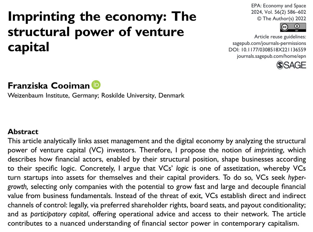 Determining the (structural) power of asset managers requires focusing on specific actors and investment strategies. @franziscooi does that forr venture capital. Based on interviews, she shows how VC funds shape sectors by seeking control and hypergrowth. journals.sagepub.com/doi/full/10.11…