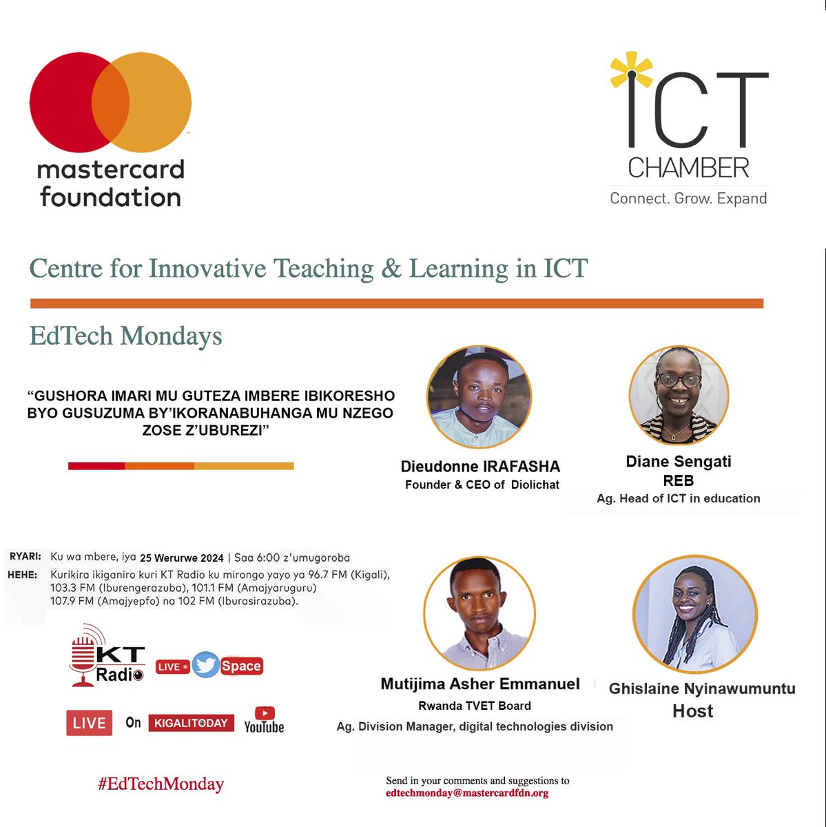 harerimana_tito's tweet image. Ntuze gucikwa n’ikiganiro #EdTechMonday, kuri uyu wa mbere, guhera saa 18:00 kuri @ktradiorw no kuri X Space na Youtube. 

Ingingo y’umunsi “&quot;GUSHORA IMARI MU GUTEZA IMBERE IBIKORESHO BYO GUSUZUMA BY&apos;IKORANABUHANGA MU NZEGO
ZOSE Z’UBUREZI” 

Abatumirwa baragaruka kuri byinshi…