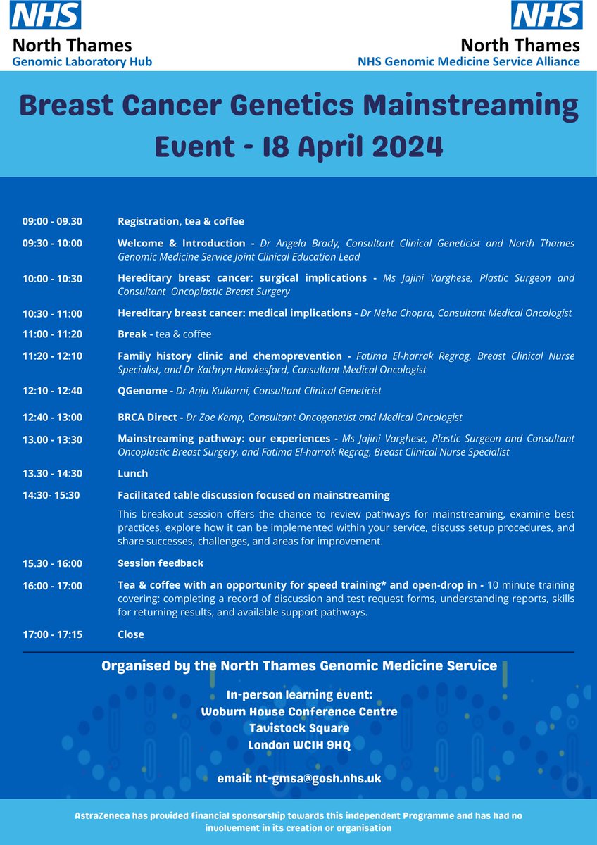 Delighted to share the programme for our Breast Cancer Genetics Mainstreaming Event 2024. Join us in person on 18 April for an informative learning event focused on genomic medicine and its relevance to hereditary breast cancer. Sign up for free: re-url.uk/W9LC