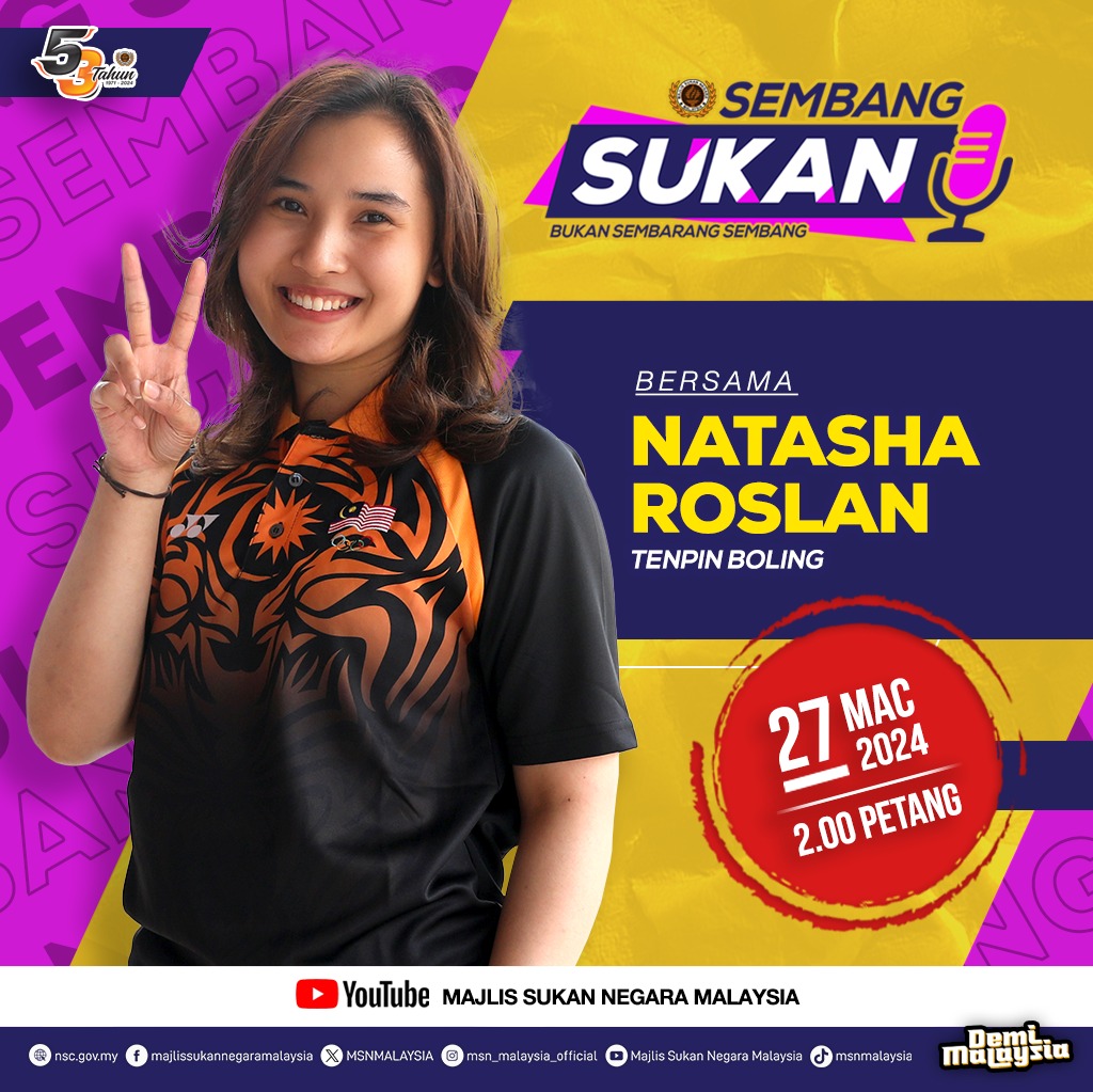 Jangan lupa saksikan Natasha Mohamed Roslan, Atlet Tenpin Boling Negara dalam Sembang Sukan pada jam 2.00 petang di Saluran YouTube Majlis Sukan Negara! #DemiMalaysia #KontinjenMALAYSIA #MalaysiaRoar