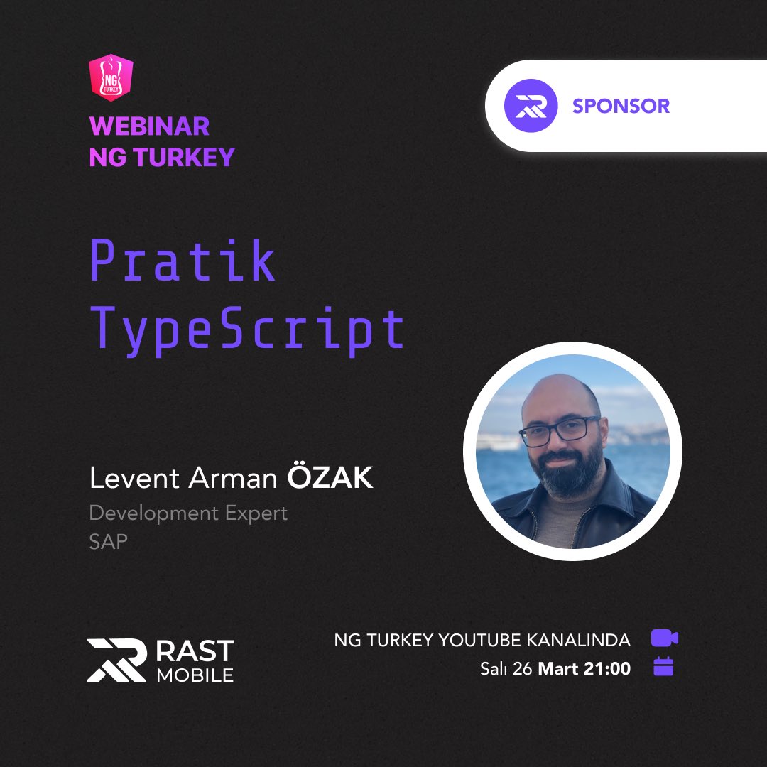 🚀 Rast Mobile gururla sunar! 🌟NG Turkey ile “Pratik Typescript” etkinliği! Levent Arman Özak ile Typescript'in gücünü keşfetmeye hazır olun. 🚀 #Typescript #RastMobile #NGTurkey #rastmobile 🌟Bu linke tıklayarak katılabilirsiniz! 👉🏻 kommunity.com/ngturkey/event…