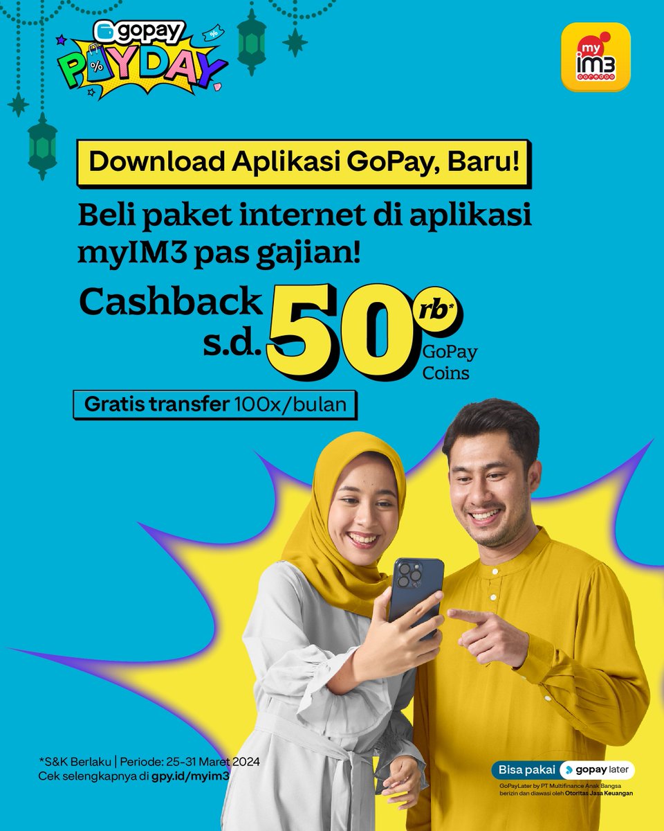 gopayindonesia's tweet photo. Waktunya berburu promo di #GOPAYPAYDAY!

Ada CASHBACK hingga 50 RIBU yang bisa kamu dapetin buat beli paket data apa aja lebih hemat pakai aplikasi GoPay, baru.

Syarat dan ketentuan berlaku. Cek info lengkapnya di https://t.co/mTK36VDtVE https://t.co/6FGmvxlYe6
