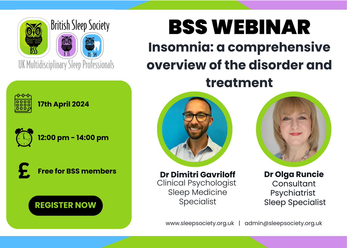 Join us on 17th April at 12pm for our 6th Webinar in our series. In April, we are delving into all things Insomnia 'Insomnia: A comprehensive guide to the disorder and it's treatment' featuring Dr Dimitri Gavriloff and Dr Olga Runcie. Register now! execbs.eventsair.com/bss-webinar-se…