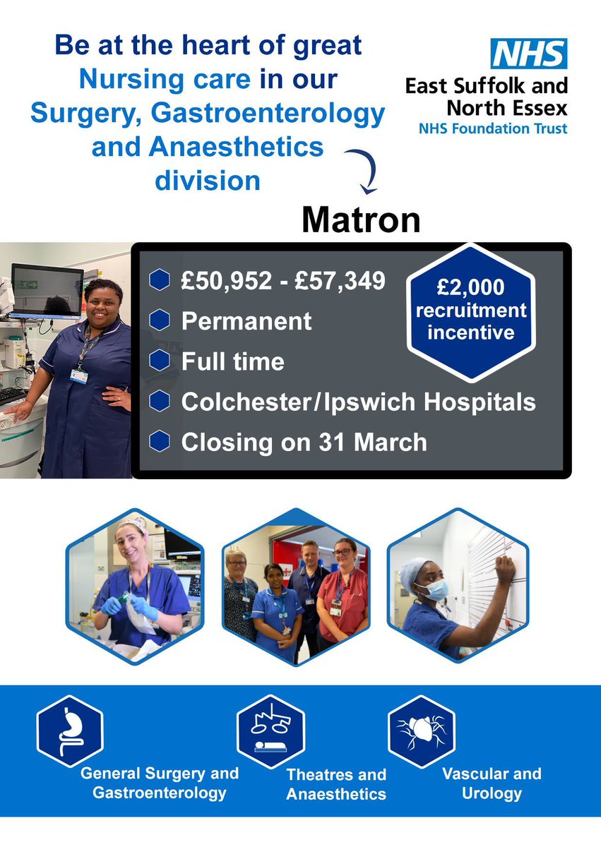 An exciting leadership opportunity is waiting for the right person to empower our teams of #Nurses in Surgery, Gastroenterology and Anaesthetics 👇 

👉 Apply here: buff.ly/3x6Lvnq 

#NHS #NHSJobs #Surgery #Anaesthetics #Gastroenterology #Matron #Nursing <a href="/nmcnews/">Nursing and Midwifery Council</a>