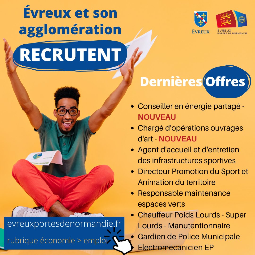 [#EMPLOI]

#Evreux et #aggloevreux recrutent !

&gt; Nouvelles offres : Conseiller en énergie partagé / ...

&gt; Offres en cours : Diététicienne- qualiticienne /  Infirmier / ...

👉 Pour postuler, envoyez votre CV et lettre de motivation ⤵️
evreuxportesdenormandie.fr/285-evreux-por…

#offreemploi