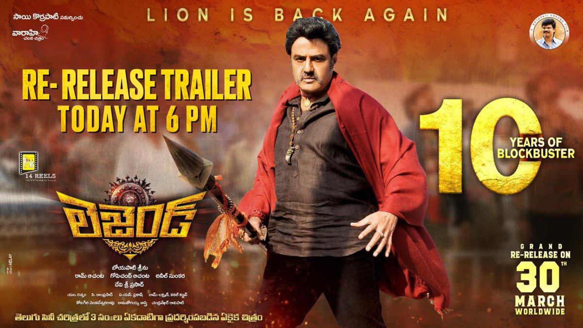 Let us witness the might of our NATASIMHAM once again on the big screens to celebrate the 10 years of #Legend ❤️‍🔥 Re-release trailer out today at 6 PM. Stay tuned! Grand Re-release on March 30th ❤️‍🔥 #10YearsForLegend NATASIMHAM #NandamuriBalakrishna #BoyapatiSrinu