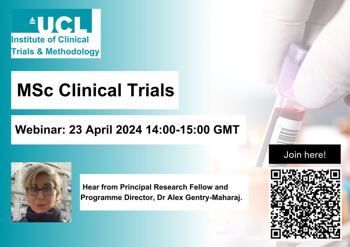 We are hosting a webinar on 23 April 2023, 14:00-15:00 GMT! Come along and hear from our Programme Director for MSc #ClinicalTrialsand Principal Research Fellow, Alex Gentry-Maharaj. Find out more: bit.ly/48AwOGN