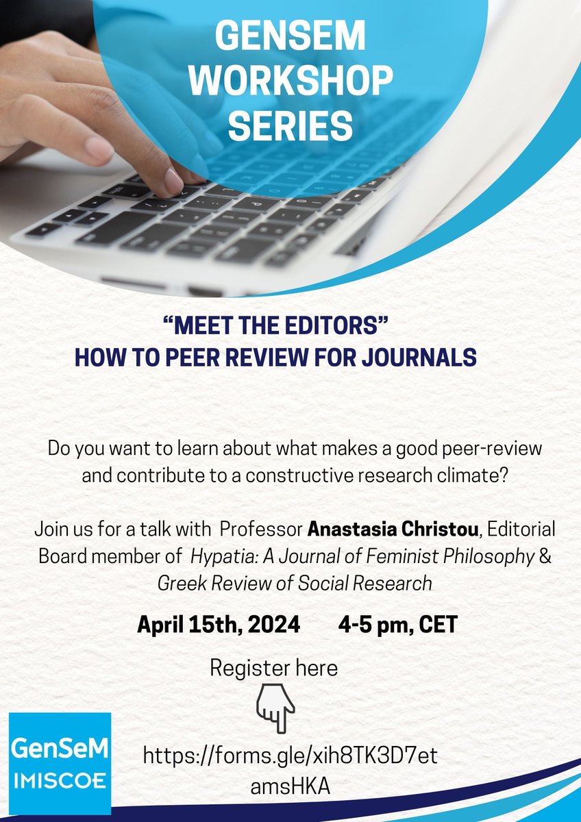 Join us on April 15th for the 3rd Workshop on the publishing world. This time we're joined by Prof Anastasia Christou who'll share her extensive experience as author, reviewer and editor on how to peer review! sign up here forms.gle/xih8TK3D7etams…