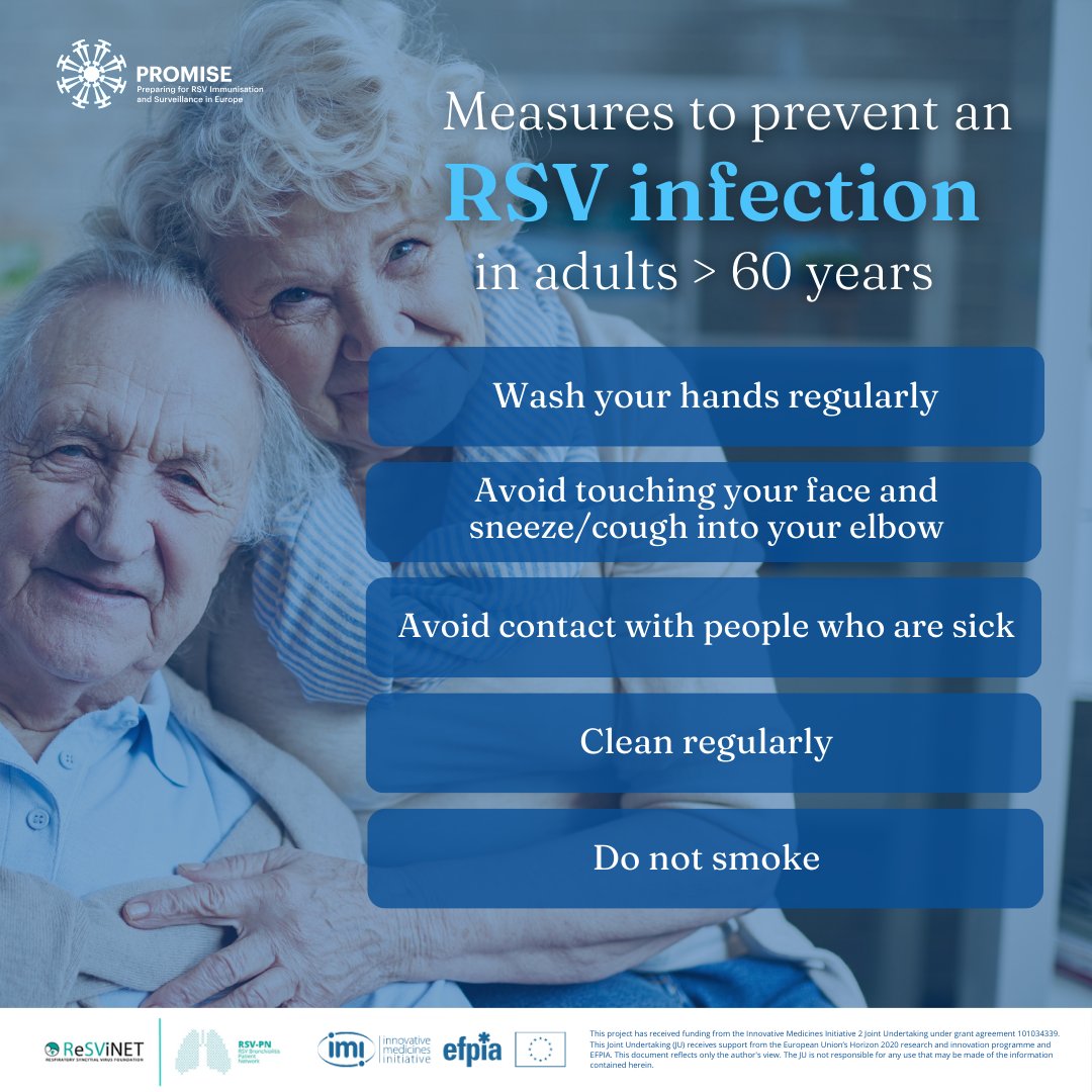 Older adults are at increased risk of being infected with RSV. RSV is highly contagious and especially active in the winter months. Therefore, it is crucial to be aware of the following measures to reduce this risk: #RSV #SharetobeRSVaware #elderly #olderadult #risks #reducing