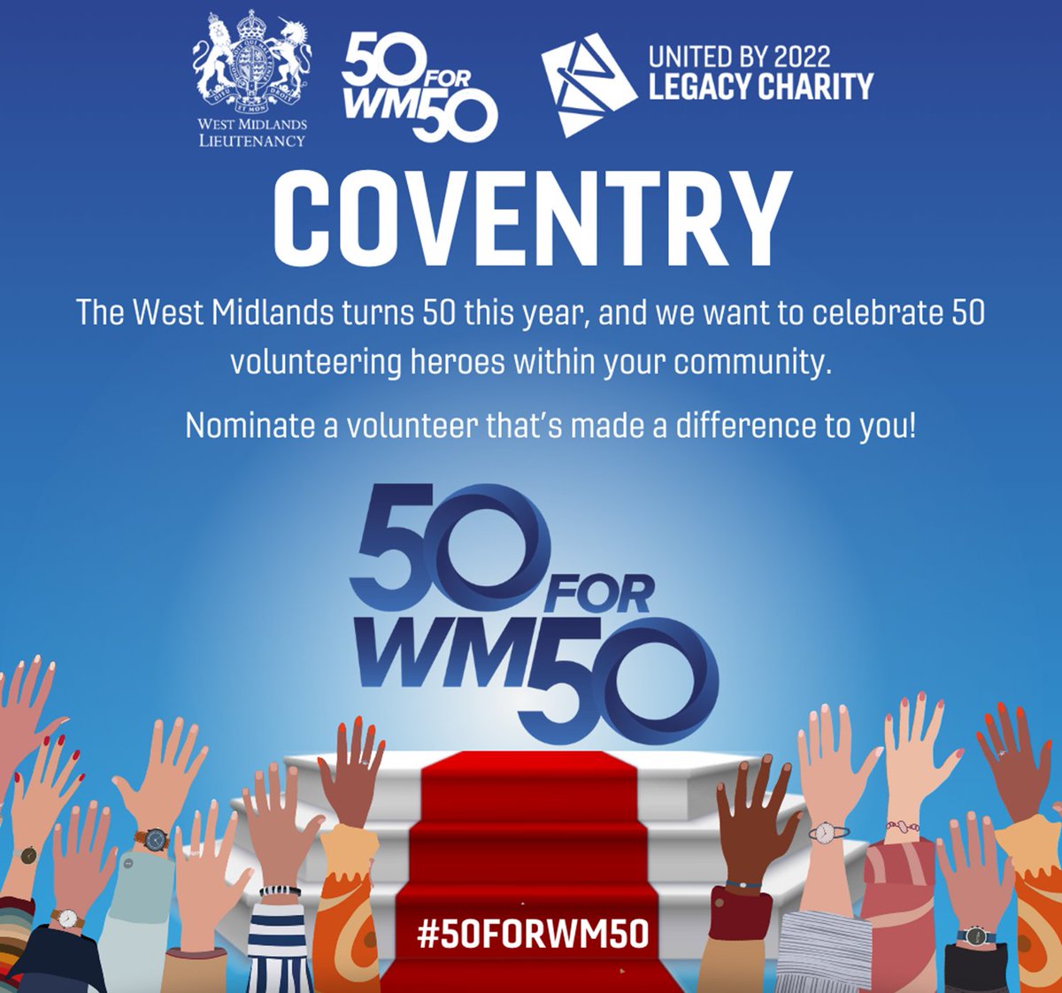 Do you know a volunteer from Coventry who should be celebrated for making an impact in the city? 

🥳 Nominate them to be recognised as part of the 50forWM50 campaign!