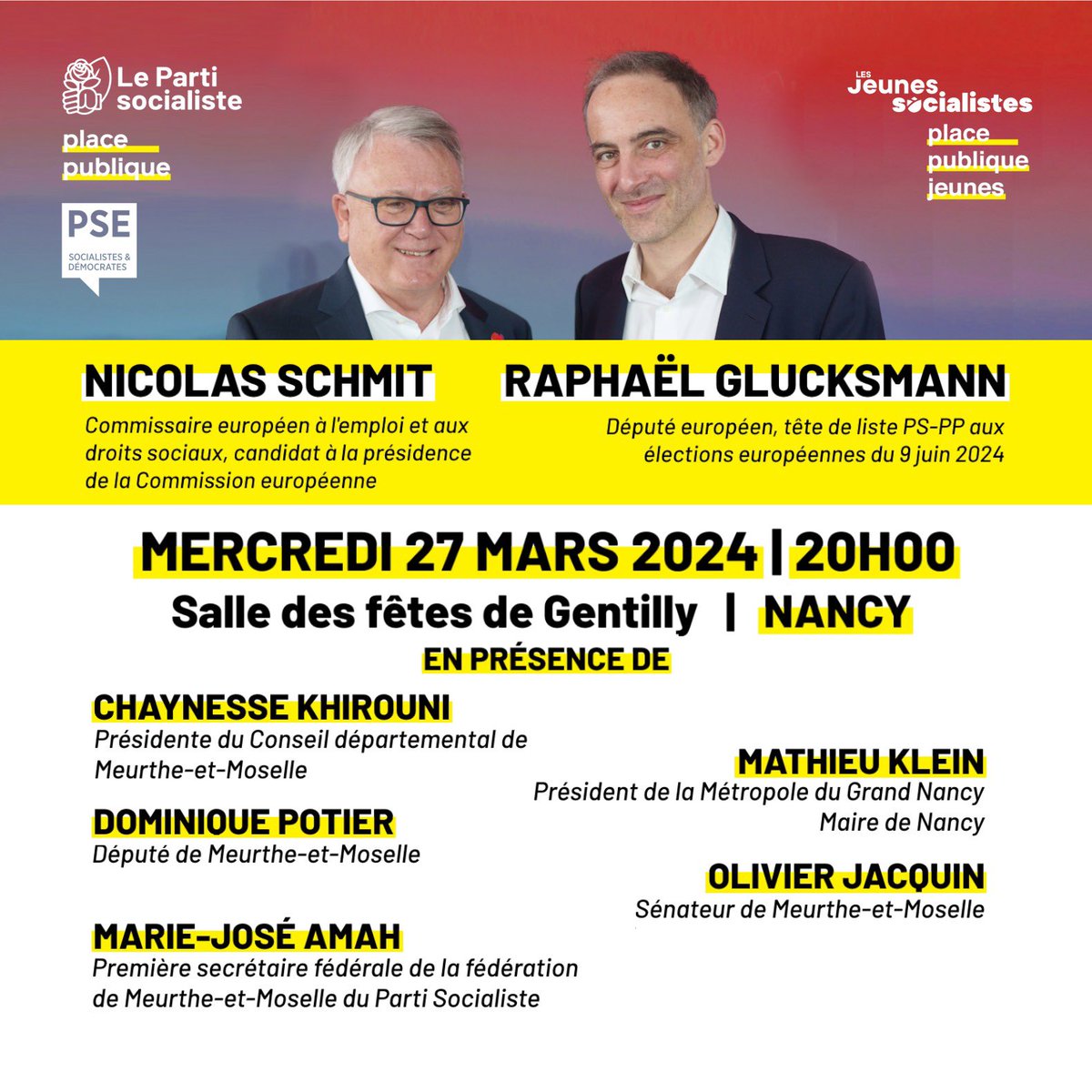 Maintenant que la campagne des élections européennes est lancée, on vous donne rendez-vous à la prochaine grande réunion publique de <a href="/rglucks1/">Raphael Glucksmann</a> et de <a href="/NicolasSchmitEU/">Nicolas SCHMIT</a> à Nancy, ce mercredi 27 mars à 20h ! 

Le 9 juin, nous allons #ReveillerLEurope