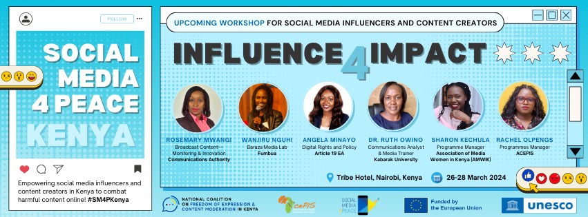 💥We’re excited to introduce experts for the #Influence4Impact workshop, ready to empower content creators and influencers with vital skills in digital literacy, digital rights, and fact-checking. 💻💬 Together, let's create a digital space where peace thrives! 🌐#SM4PKenya