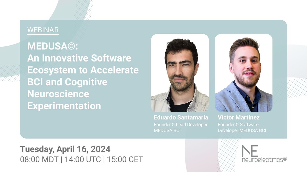 🚀 Dive into the future of #neurotech and #BCI with <a href="/medusabci/">MEDUSA©</a> founders, <a href="/edsanvaz/">Eduardo Santamaría Vázquez</a> &amp; <a href="/CagigalVictor/">Víctor Martínez-Cagigal</a> on April 16th!

Join this #webinar we're hosting to learn how they are reshaping the landscape of non-invasive Brain-Computer Interfaces.

🔗 Register here: neuroelectrics.com/webinar/845527…