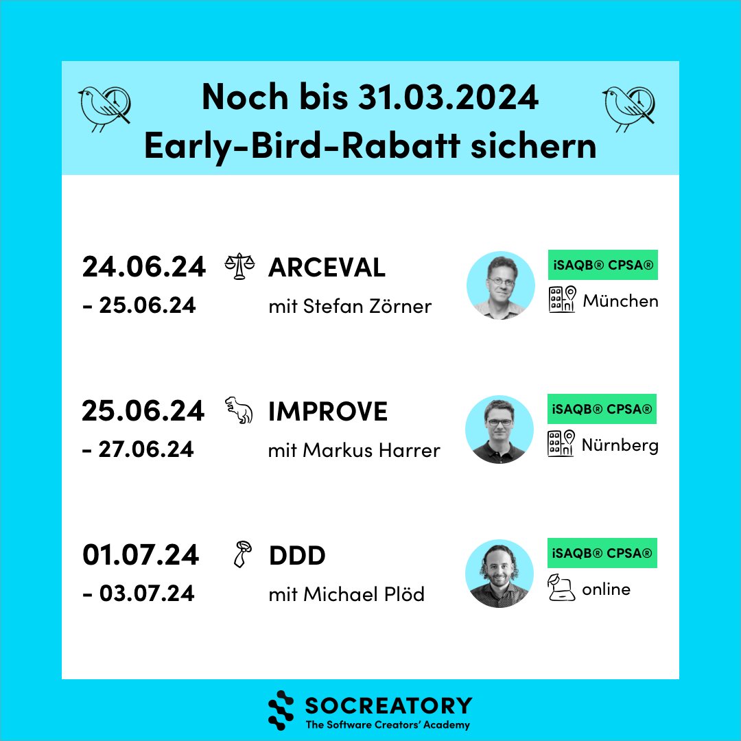 🐣 Sichert euch bis 31.03.24 unseren Early-Bird-Rabatt bei diesen iSAQB CPSA-A-Trainings: ARCEVAL mit @StefanZoerner in München: socreatory.com/de/trainings/a… IMPROVE mit @feststelltaste in Nürnberg: socreatory.com/de/trainings/i… DDD mit @bitboss, online: socreatory.com/de/trainings/d… #isaqb