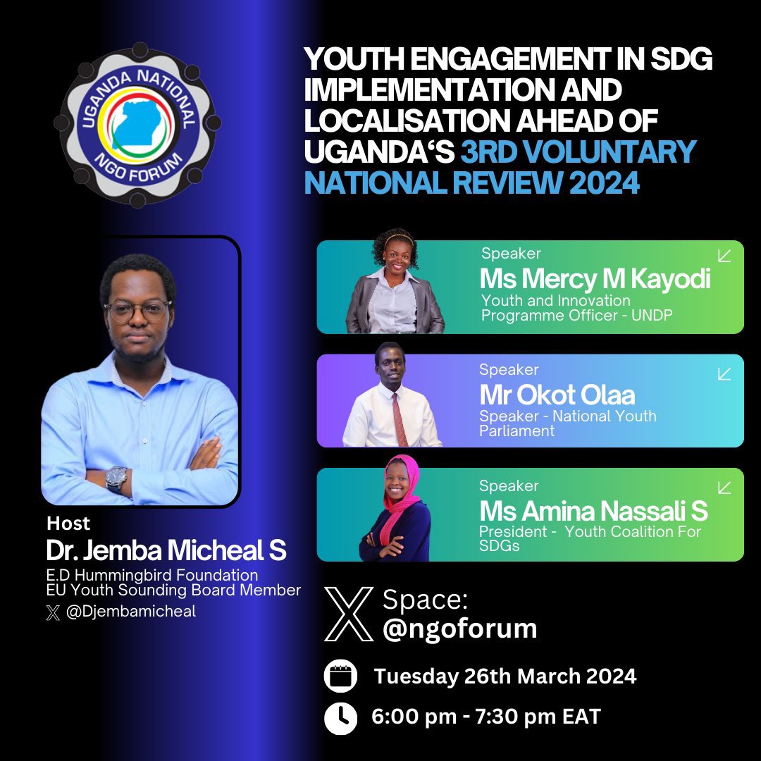 Join our Executive Director @DjembaMicheal as he hosts a twitter space on on youth engagement in the SDGs implementation & localisation, ahead of Uganda's 3rd #VNR2024, featuring
@MM_Kayodi @OkotOlaa @NassaliAminah

🗓️26 Mar| 6:00 PM EAT

#TondekaMabega
#YouthEngagement